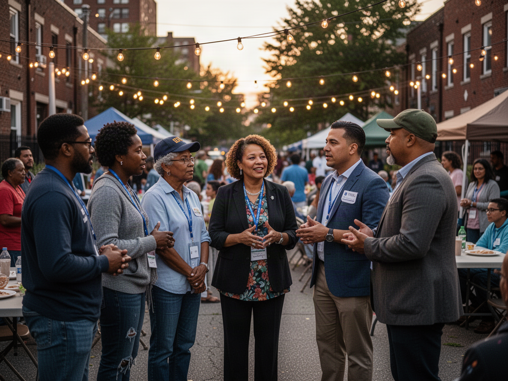 Community members, a principal and nonprofit leaders talking at a neighborhood event