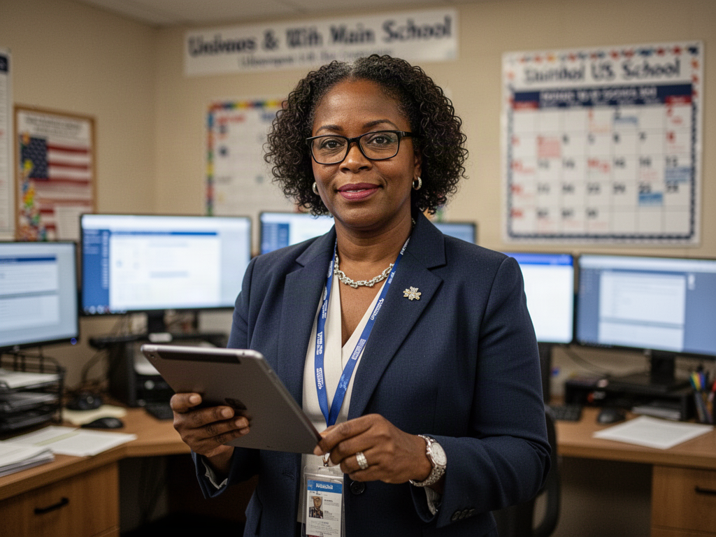 School principal holding a tablet in a school main office