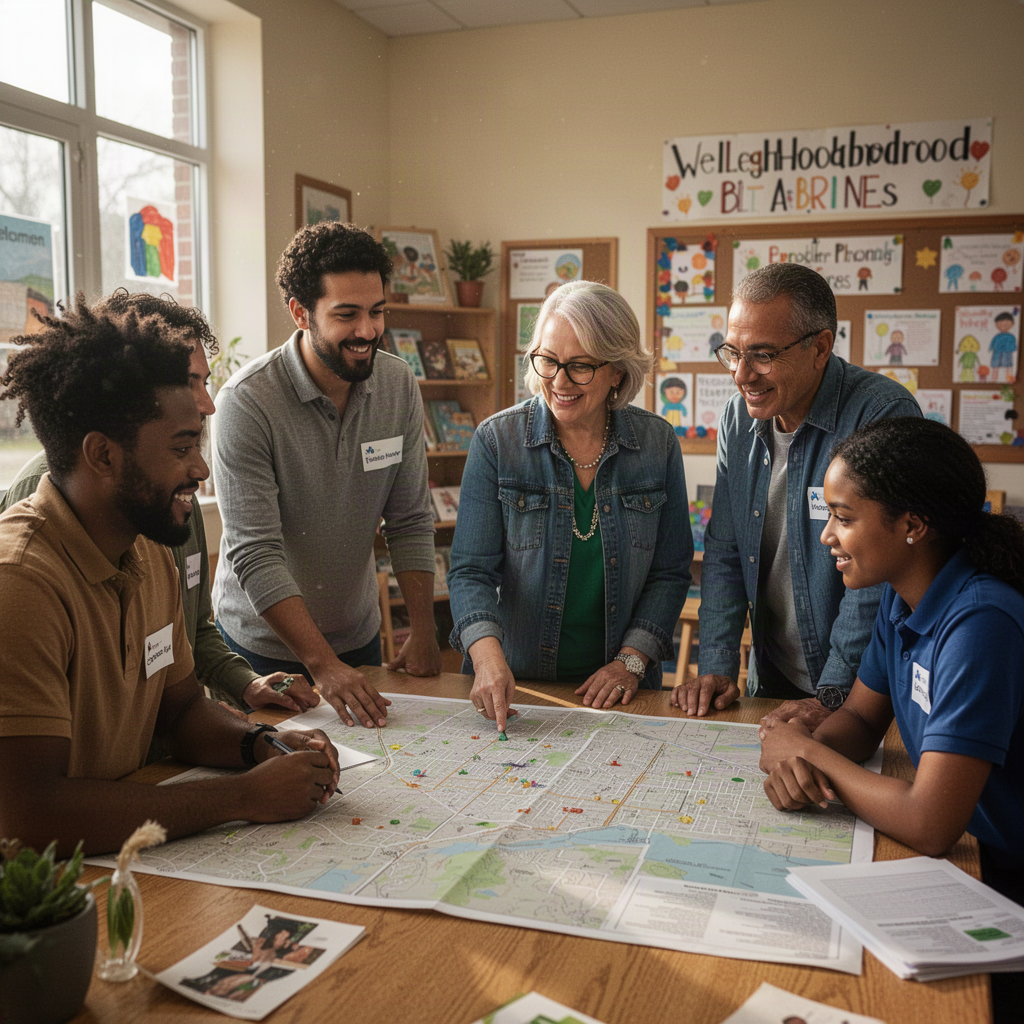 Community organizers and school leader discussing an outreach map