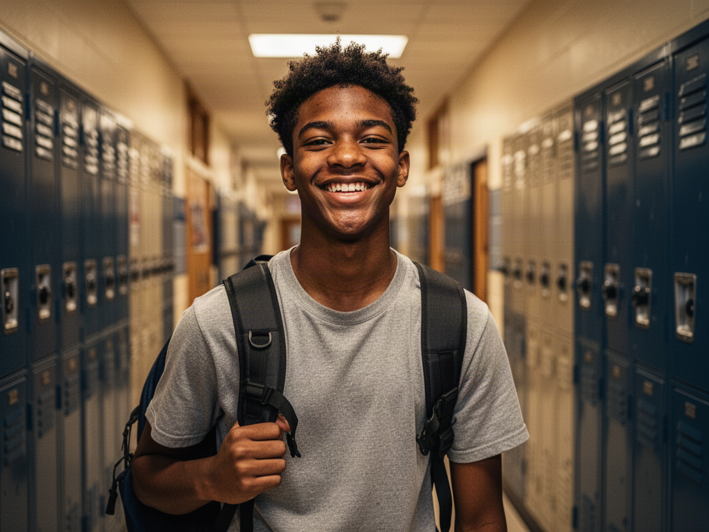 Smiling Black high school senior with a backpack in a school hallway