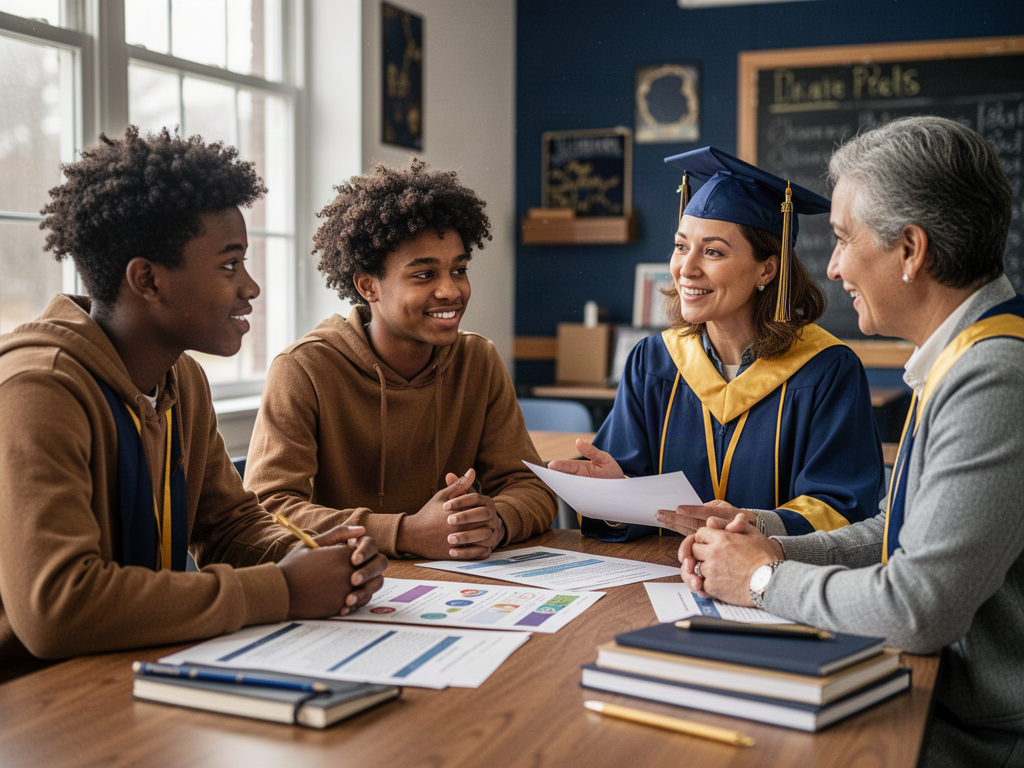 Young people and an educator discussing education and career pathways