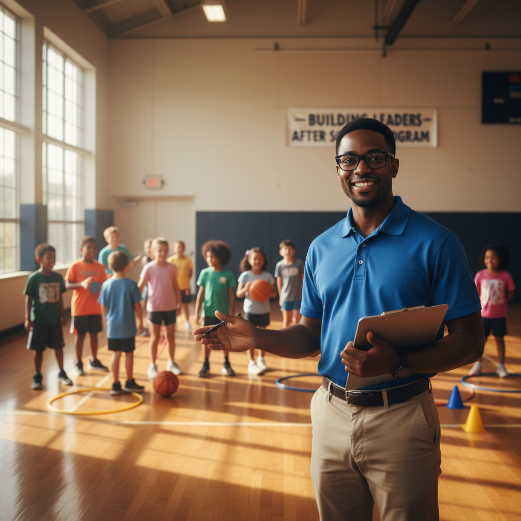 Youth program coordinator with a clipboard leading an after-school program