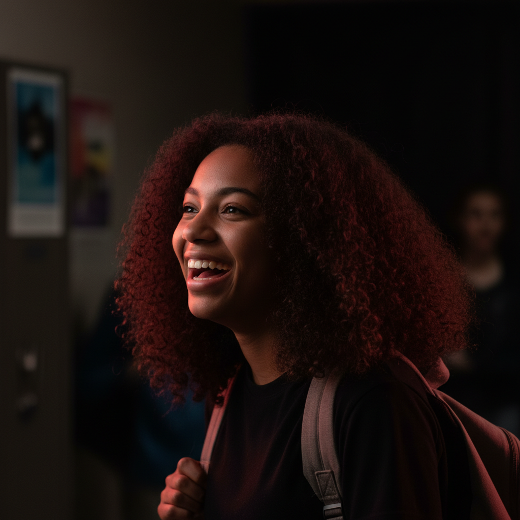 Joyful Black teenage girl with curly hair and a backpack, smiling