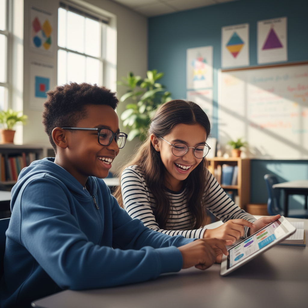 Two middle school students smiling while working on a tablet