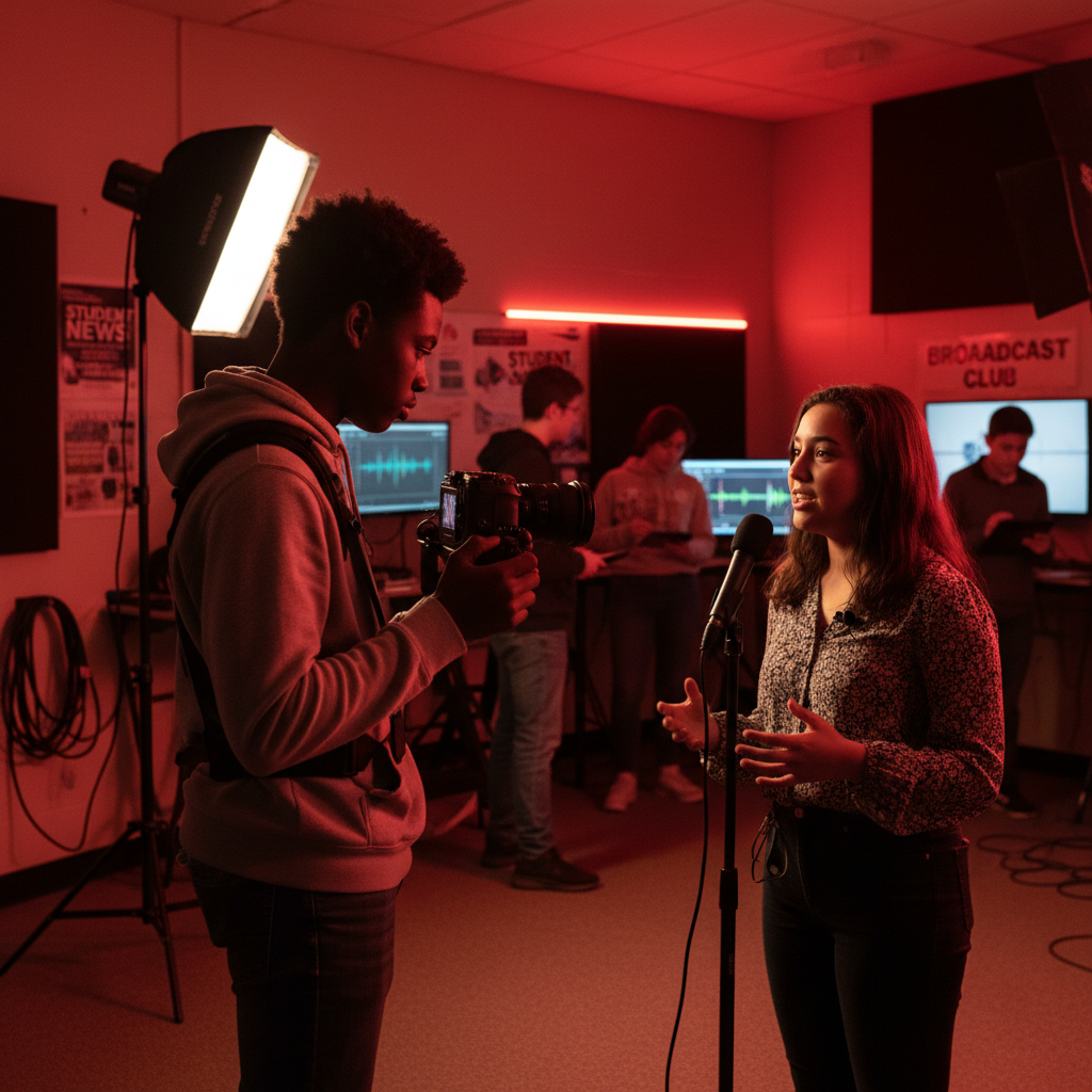 Student filming a classmate's interview in a school media studio