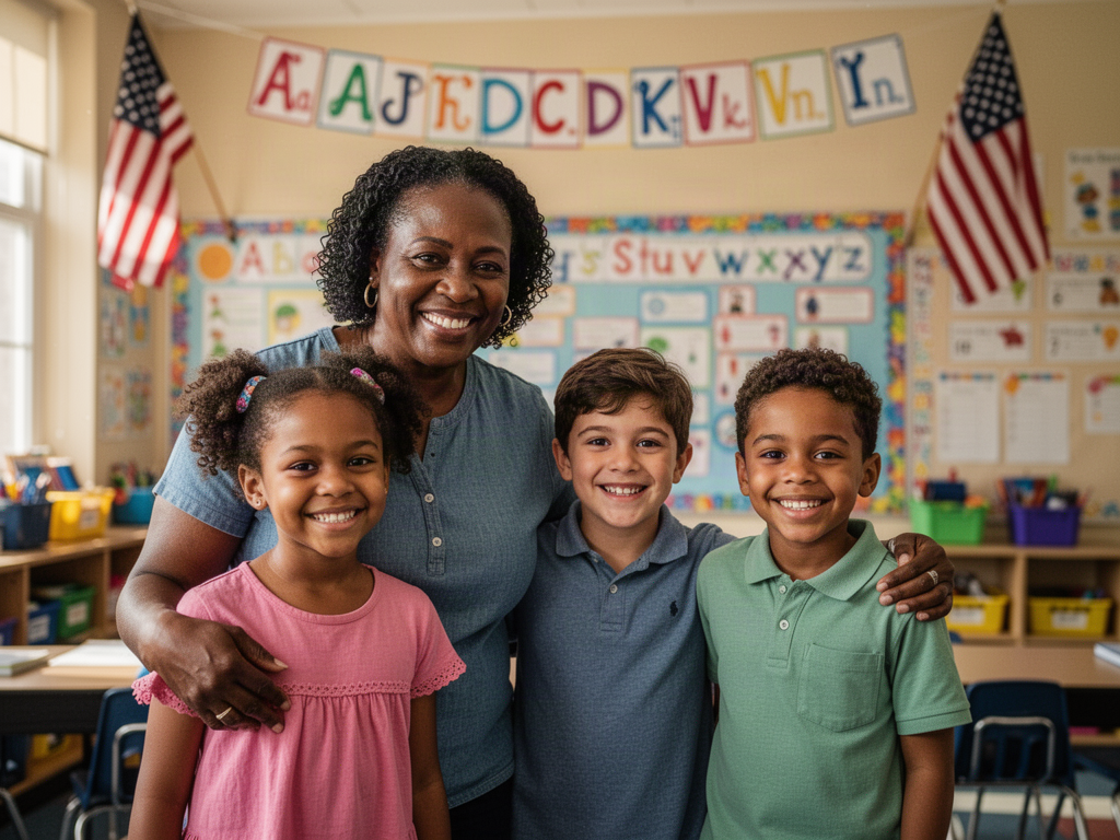 Black mother with her daughter and son at an elementary school open house