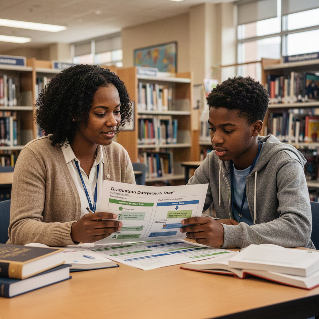 Black school counselor and teenager reviewing a graduation plan in a school library