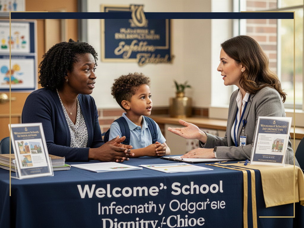 Parent and child speaking with an educator about school options