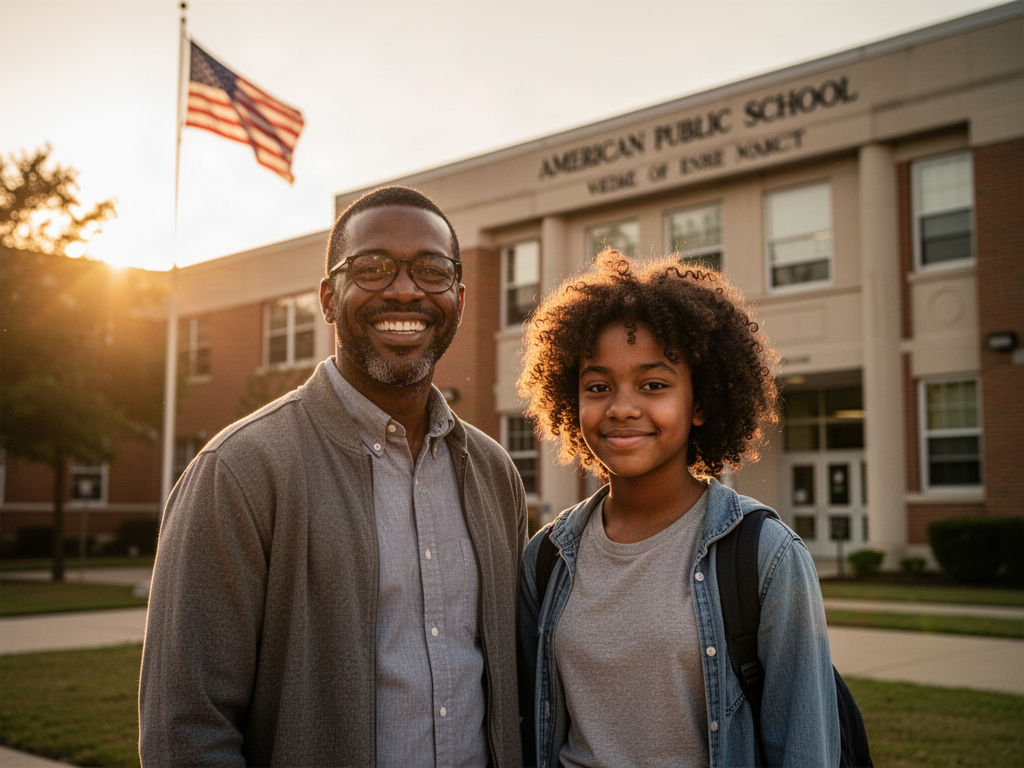 Black male educator with glasses and a Black teenage student standing outside a public school