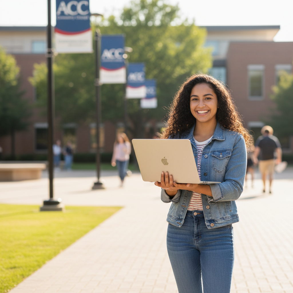 Young Latina woman holding a laptop on a community college campus